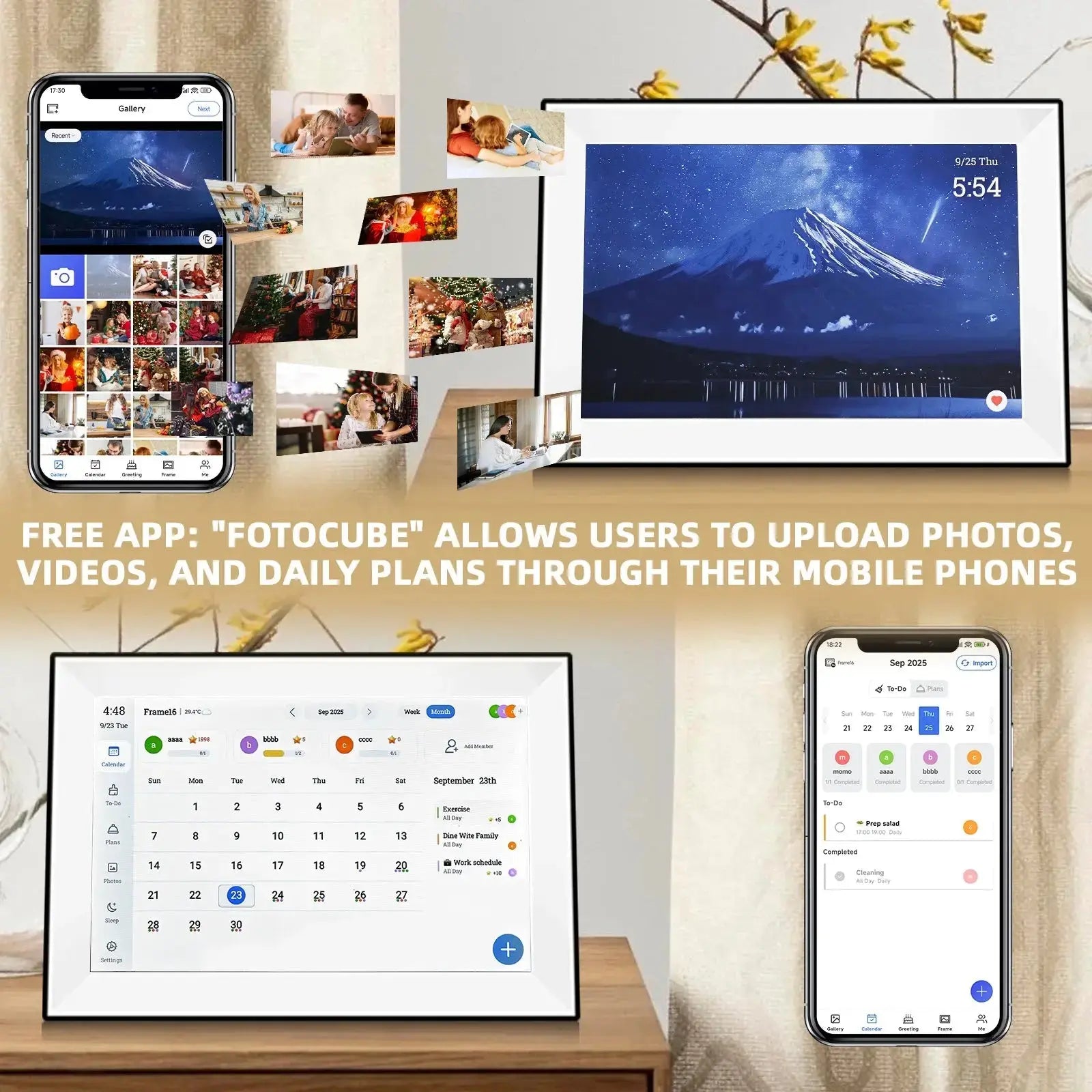 Cadre Photo numérique avec écran tactile de 10.1 pouces, organisateur intelligent, rotation automatique des horloges familiales, cadeau, fonction vocale avec application My.Magzi