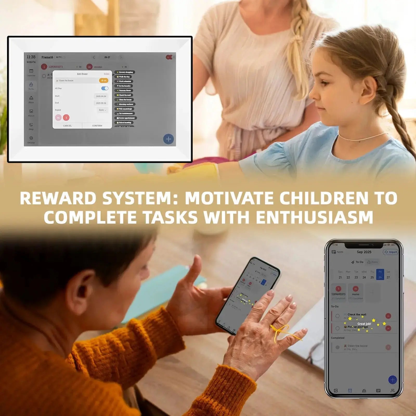 Cadre Photo numérique avec écran tactile de 10.1 pouces, organisateur intelligent, rotation automatique des horloges familiales, cadeau, fonction vocale avec application My.Magzi