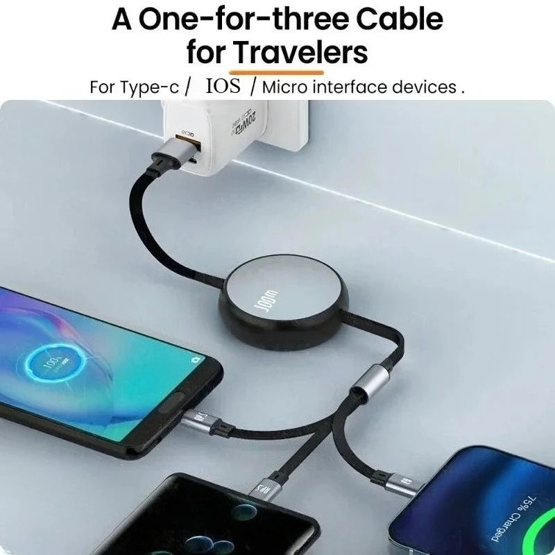 Câble USB rapide 3 en 1 6A 100W pour Huawei/Honor, câble de chargeur Portable rétractable 3 en 1 Micro USB Type C pour iPhone Samsung My.Magzi