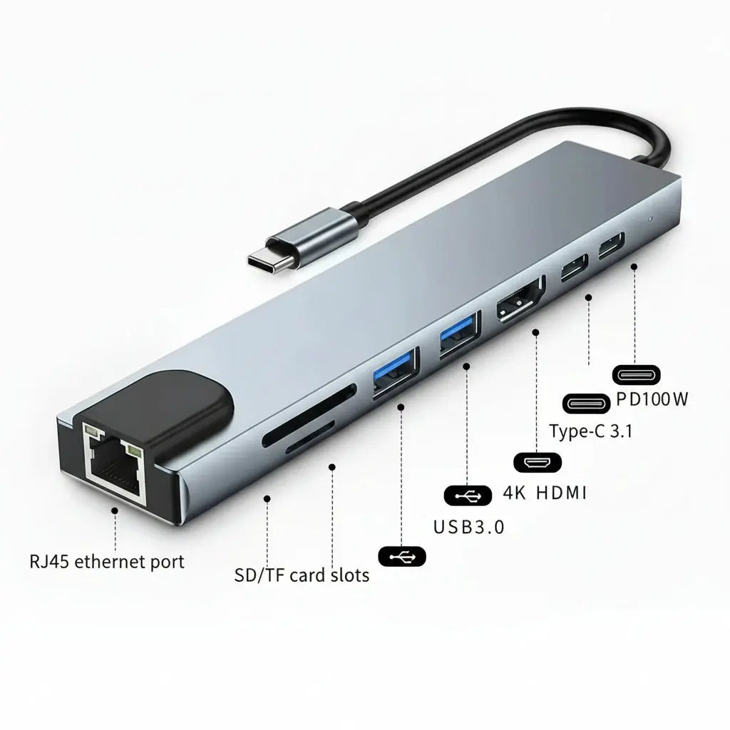 Hub adaptateur USB 8 en 1 type-c 3.1 vers 4K HDTV avec lecteur de carte SD/TF/RJ45, prend en charge la charge rapide PD My.Magzi